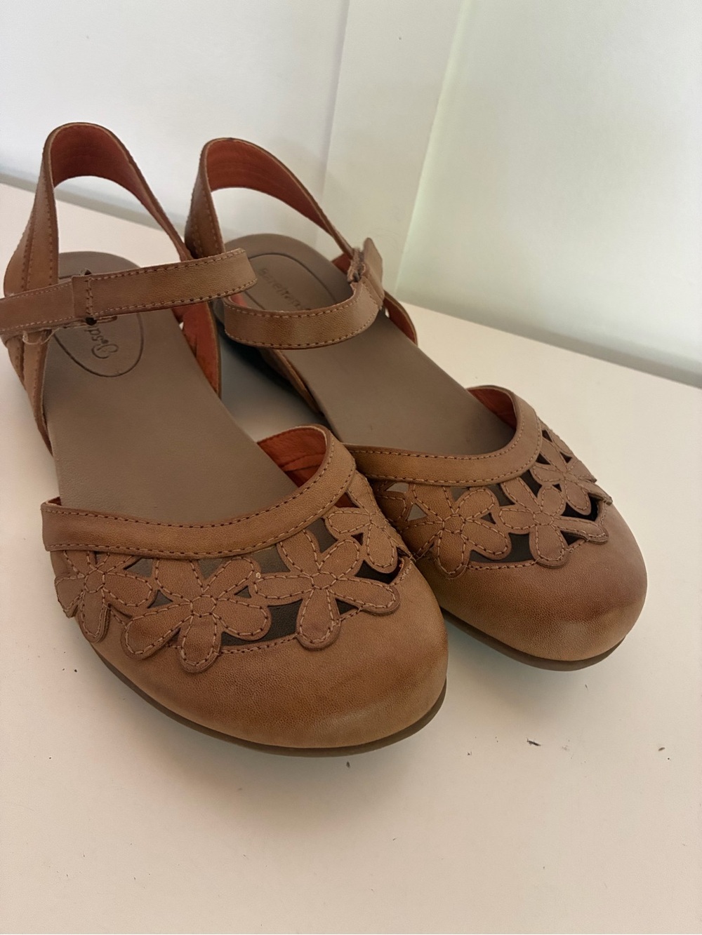 Bear Traps Women’s Tan Floral Cutout Mary Jane Flats with Velcro Strap